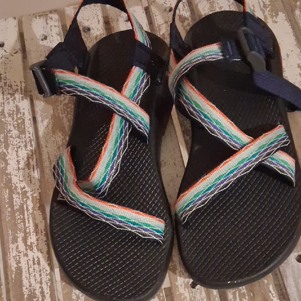 Chaco Black Sandal with Navy Straps and Orange Logo Accent